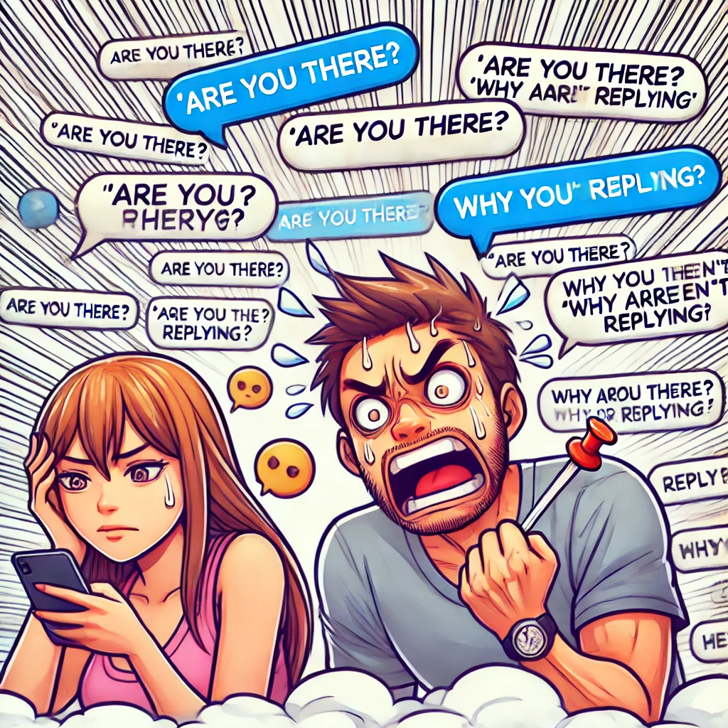 A cartoon image illustrating a male character sending a string of multiple messages like 'Are you there?' and 'Why aren't you replying?' while a female character looks stressed and annoyed. The background includes buzzing phone icons and unread notifications, emphasizing the pressure caused by frequent messaging.