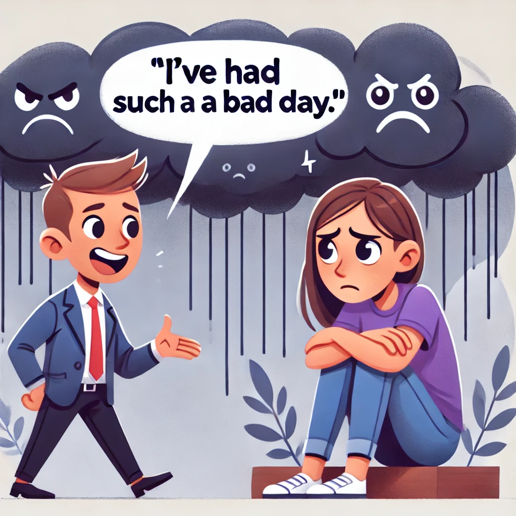 A cartoon image showing a person starting a conversation with a negative comment, like 'I've had such a bad day.' The recipient looks taken aback or uncomfortable. The background includes dark clouds and frowning faces, symbolizing the negative tone of the conversation.