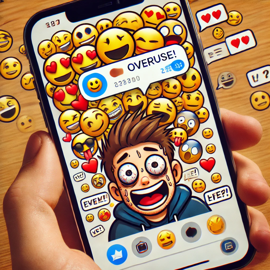  A cartoon-style image showing a person sending a message with multiple emojis like 😀😍🔥, indicating overuse. The character on the receiving end looks overwhelmed or confused. The background includes scattered emojis, emphasizing the clutter and lack of clarity in communication.