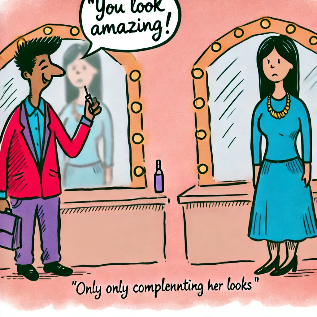 A cartoon image showing a man focusing too much on a woman's appearance by only complimenting her looks, like 'You look amazing!' The woman looks polite but distant, highlighting her discomfort. The background includes mirrors and beauty products, emphasizing the shallow focus on physical appearance.