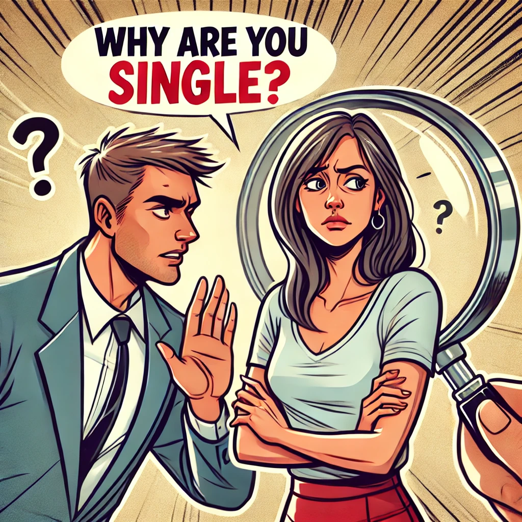 A cartoon image showing a man prying into personal issues too soon, asking questions like 'Why are you single?' The woman appears uncomfortable or defensive. The background includes a magnifying glass, emphasizing the intrusive nature of the questions.