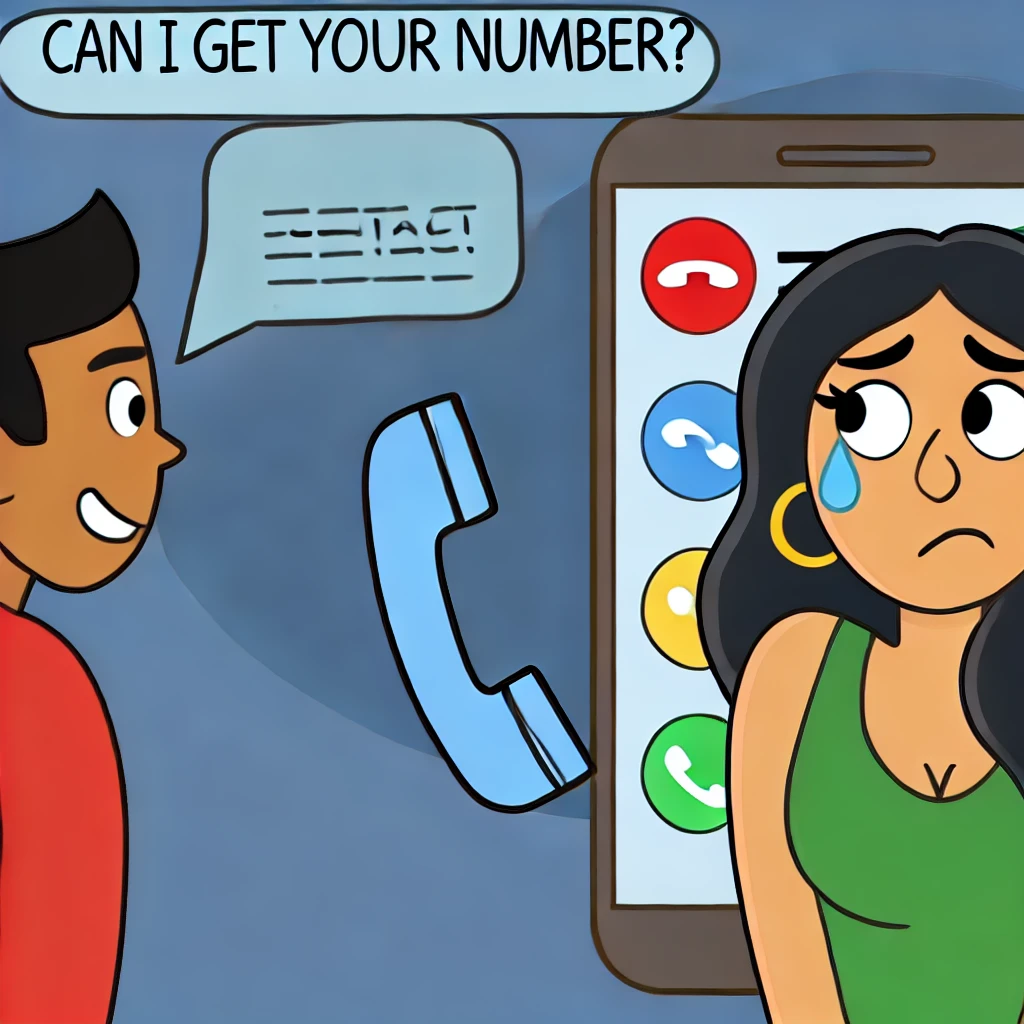 A cartoon image showing a man asking for a woman's contact information too soon, with messages like 'Can I get your number?' The woman appears uncomfortable or hesitant. The background includes a phone number icon, emphasizing the premature request for personal information.