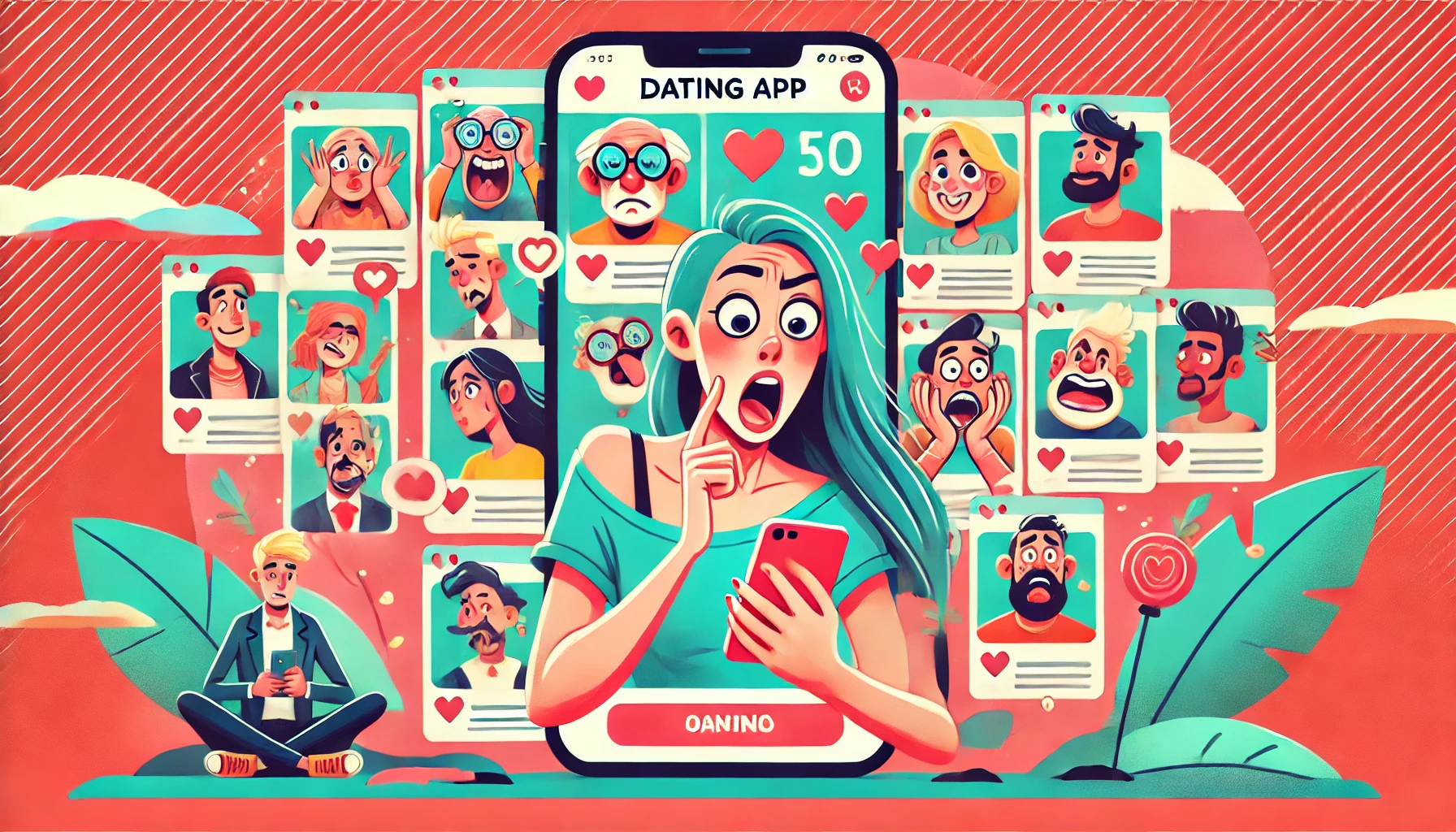 A humorous illustration of a woman browsing a dating app, encountering various odd and funny situations. Her expression is exaggerated and amused, with quirky characters appearing on the app, highlighting the lighthearted theme of identifying red flags in online dating.