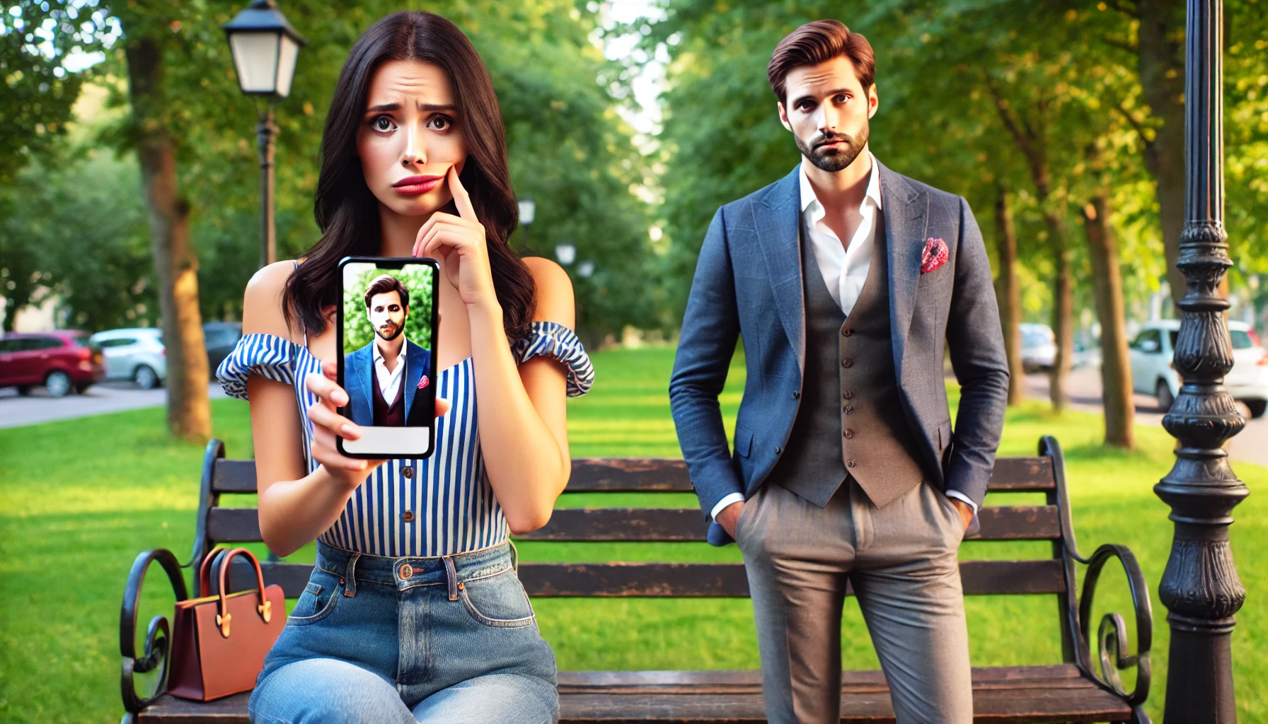 A dating scene in a park where a woman is holding a smartphone and looking disappointed. The phone screen shows a picture of a very handsome, well-dressed man, but the man standing next to her in real life looks less impressive and more casual. 