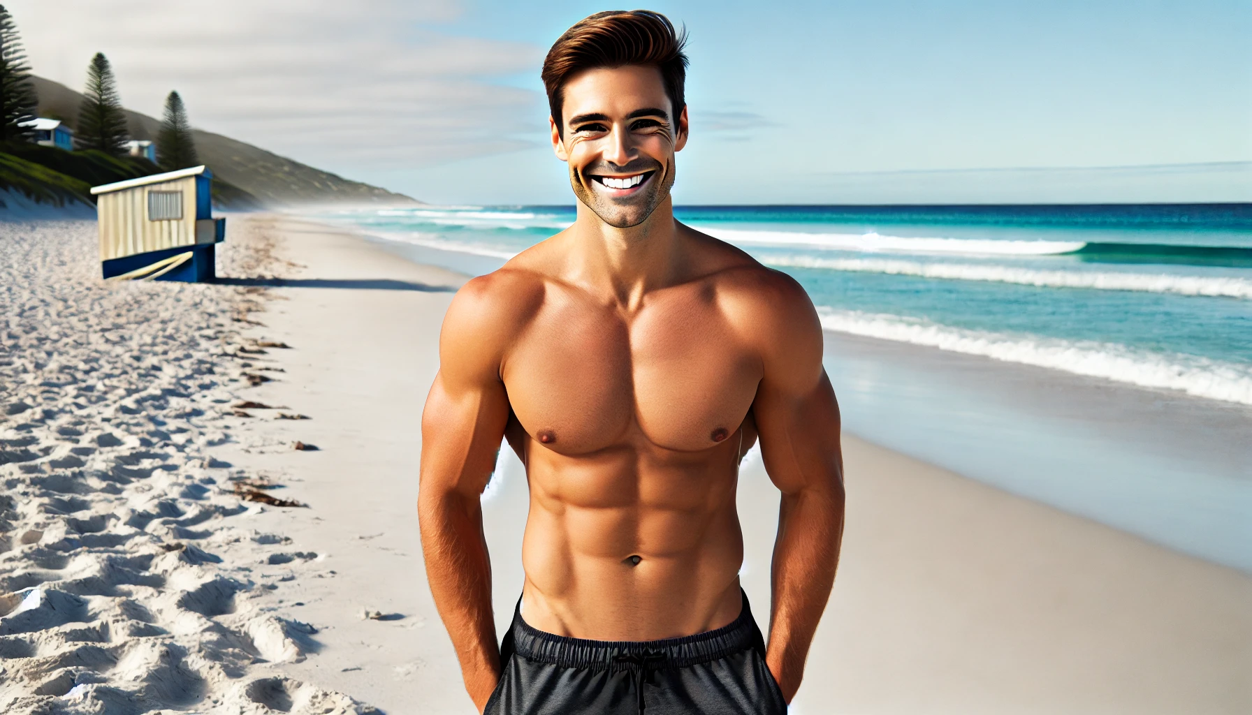  A man on a beach, shirtless, in a natural setting with clear blue skies and calm waves, smiling and relaxed.