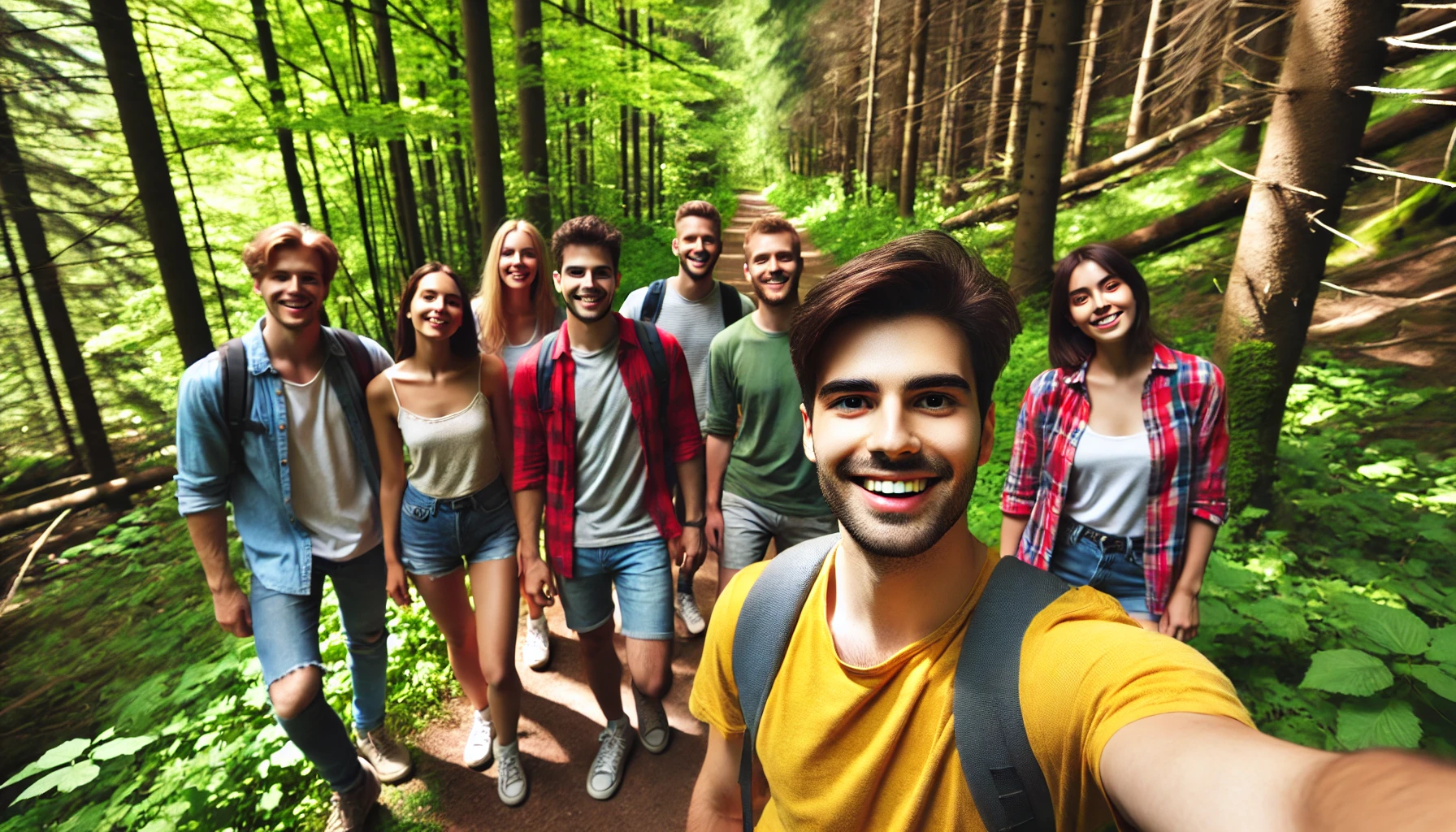 A group of friends hiking in a forest, with one person in the front row wearing a brightly colored shirt, making them easily identifiable.