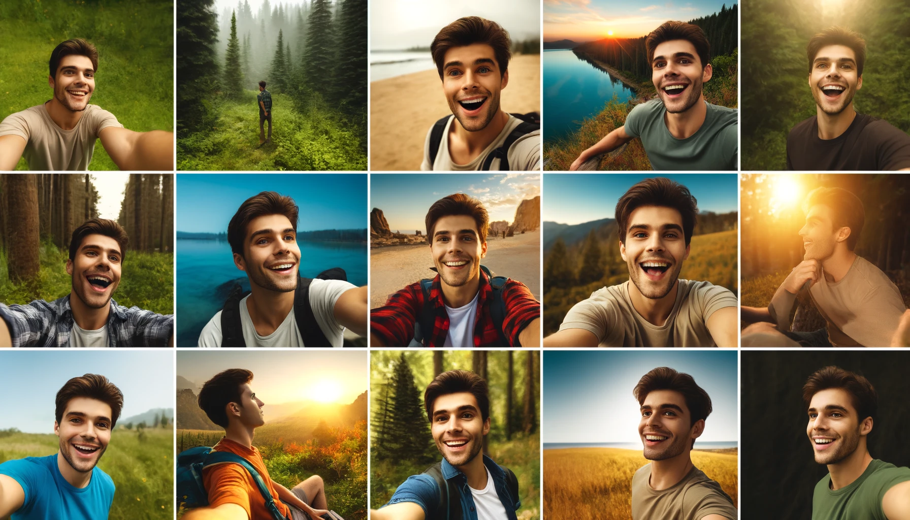 A collage of several selfies taken by the same person in different natural settings, showcasing diverse moods and activities.