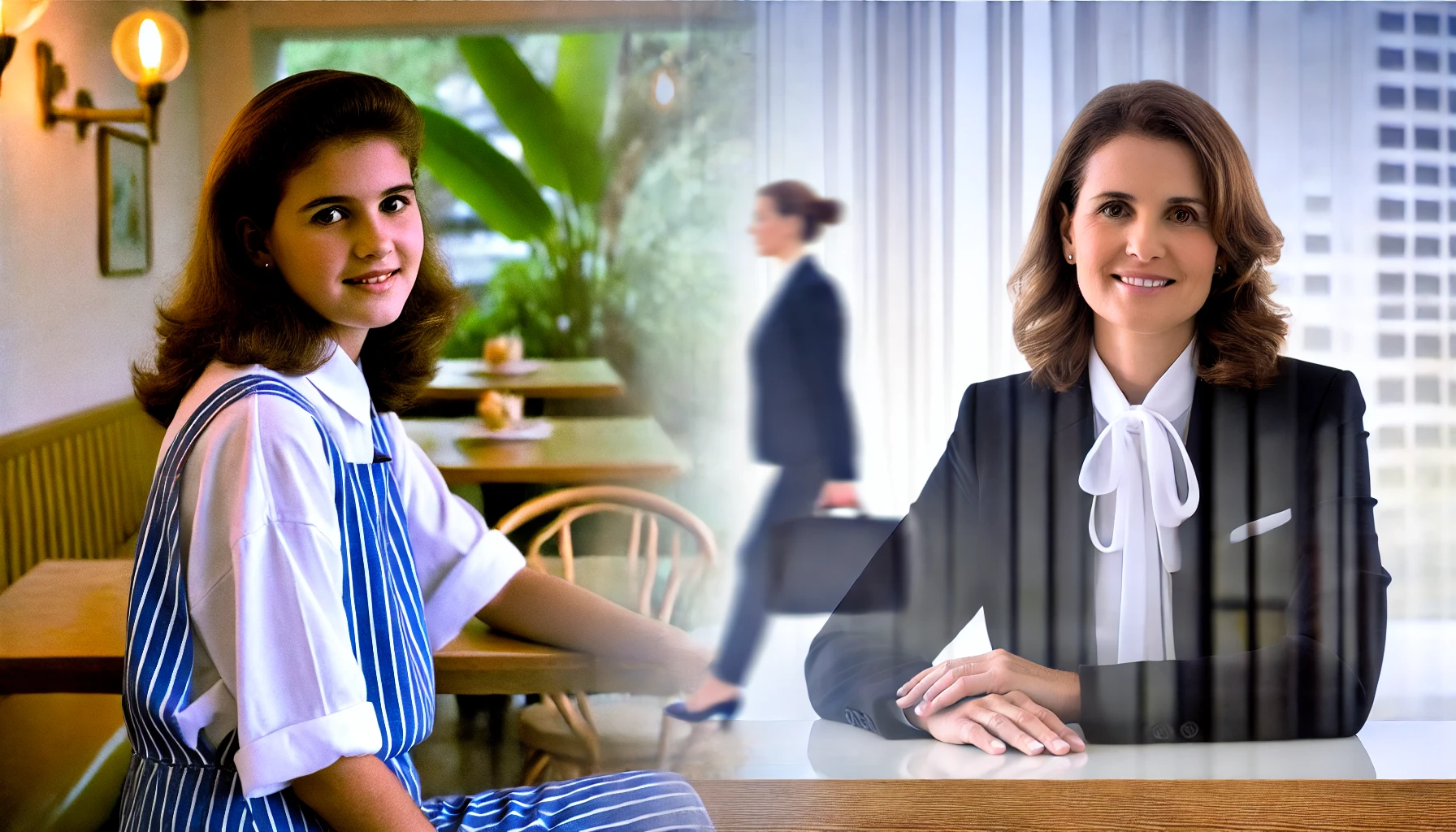 a woman at two different stages of life. On the left, she appears as a stylish teenager with a casual, carefree expression. On the right, she is a successful and confident professional woman, dressed in a business suit, exuding sophistication. 