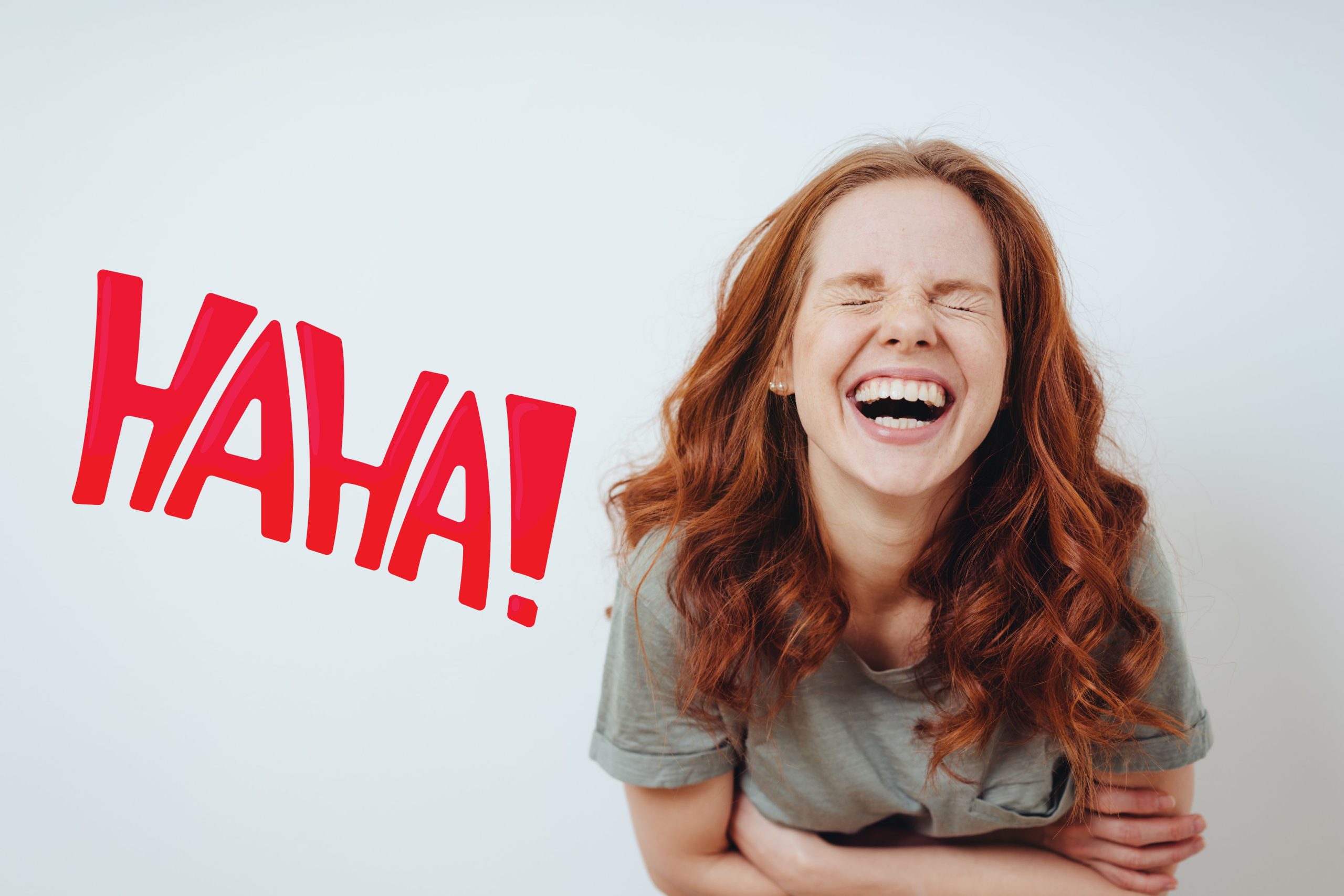 A woman laughing with 'Haha!' written next to her, representing the importance of humor in making online dating conversations fun and memorable